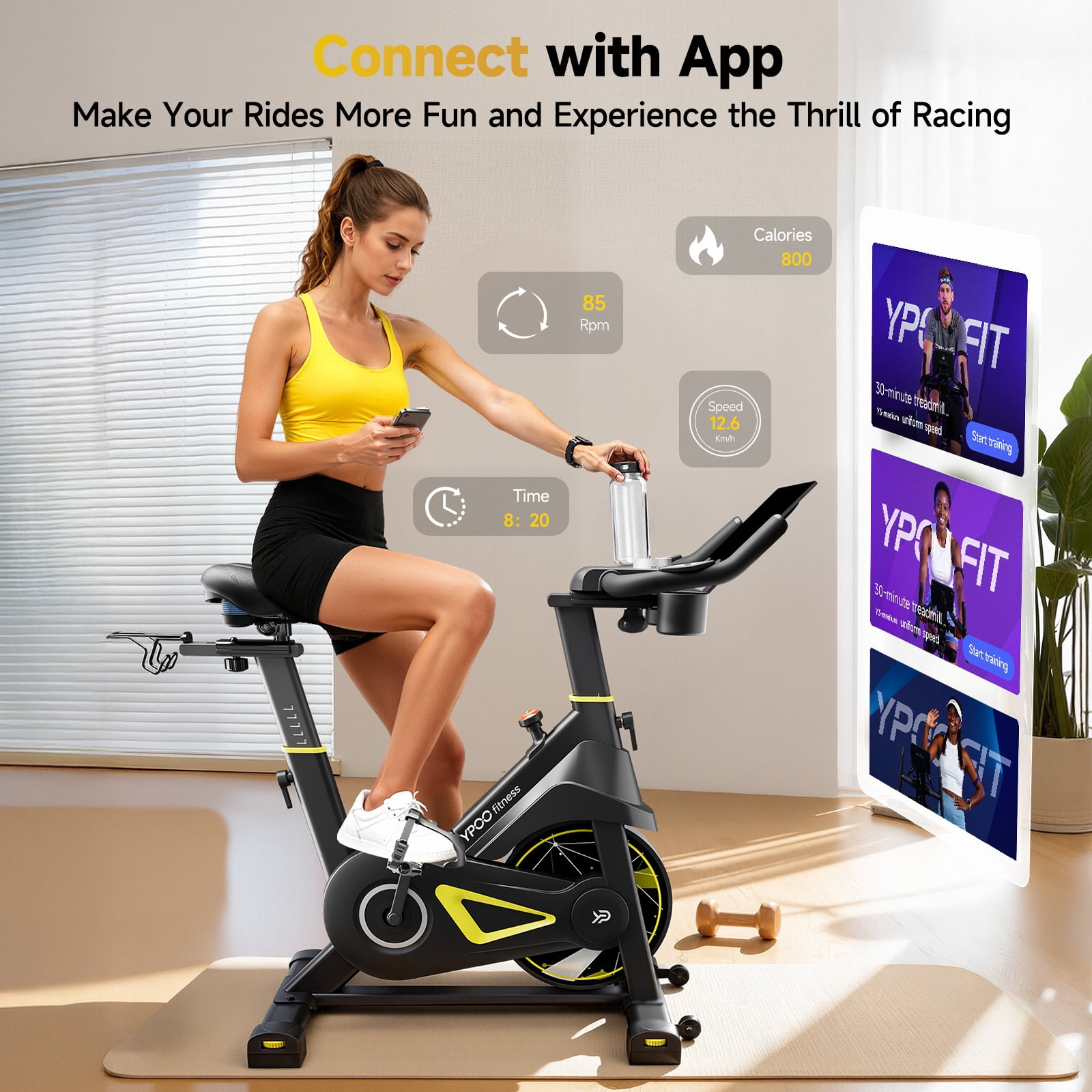 Magnetic Exercise Bike for Home, Quiet Indoor Cycling Bike with App & Heart Rate Monitor, 330LB Capacity, Adjustable Seat & Handlebars, Tablet Holder, Dumbbell Rack for Cardio Workout