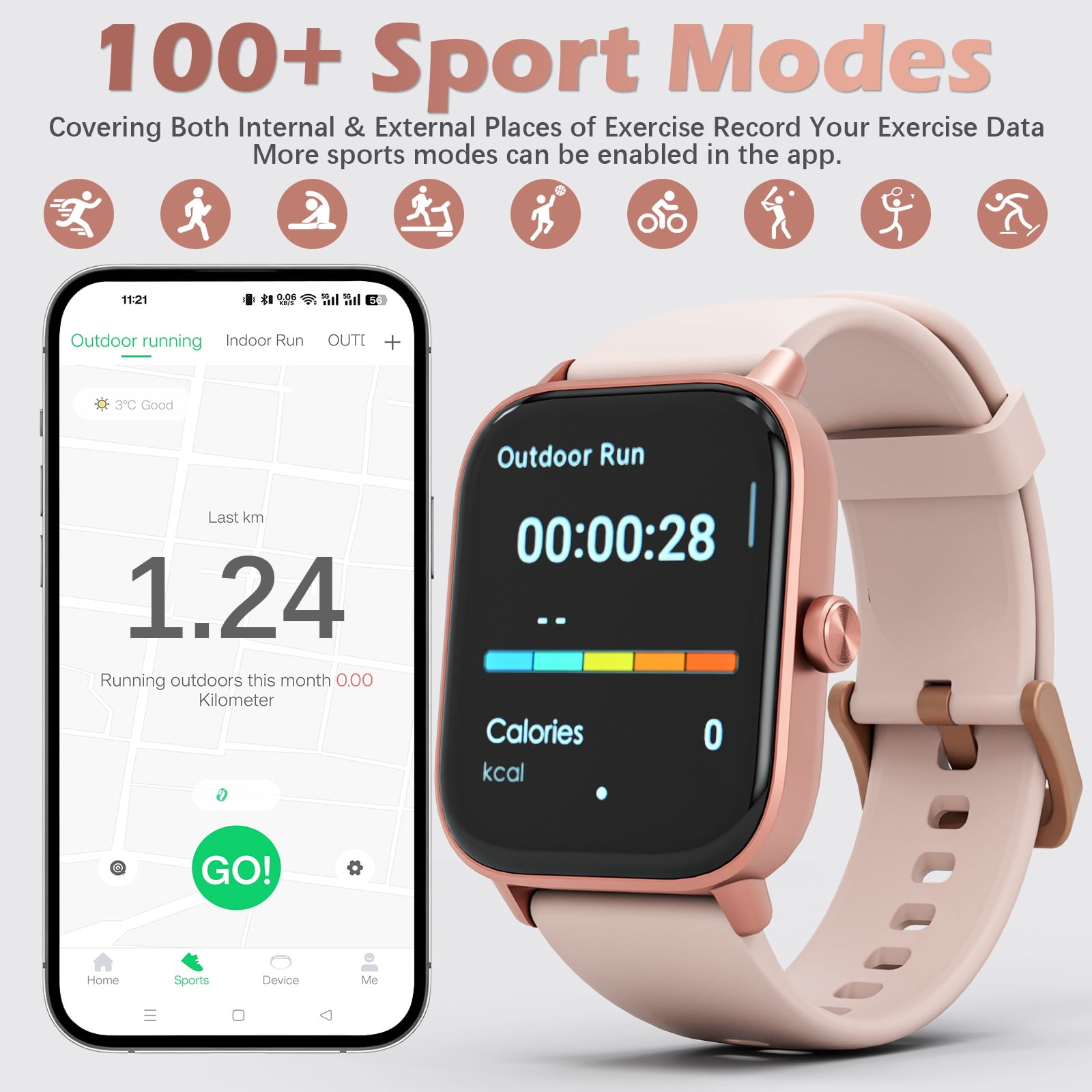 SANPTENT Smart Watch Compatible with Android and iPhone, 1.83" HD Touchscreen, Answer/Make Calls/100+ Sports Modes/Message Reminder, IP68 Waterproof, Pink