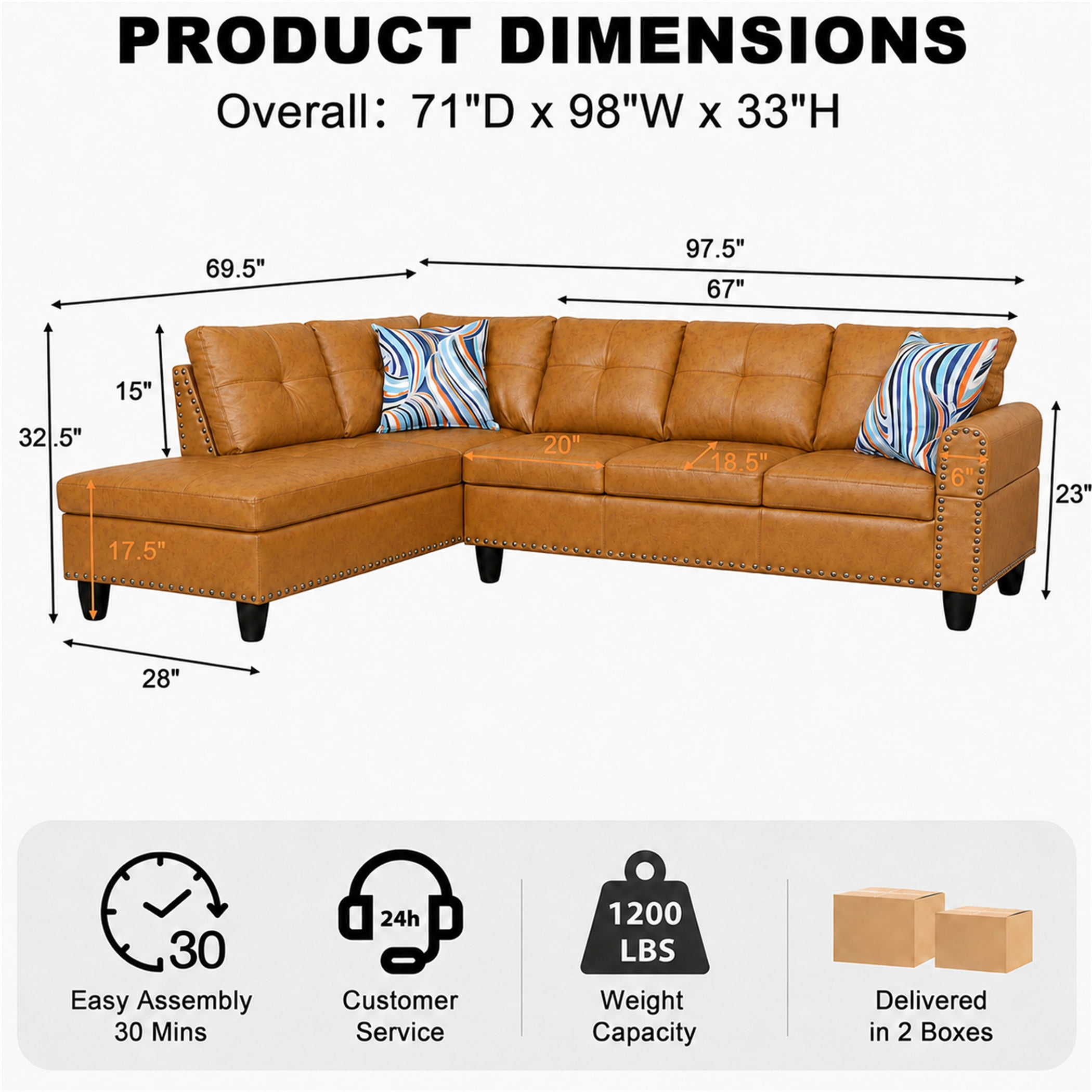 Aukfa 98" L Shaped Sectional Couch with Cup Holder Console, Tufted Back&Nailhead Trim, Oversized Left Chaise Leather Sofa for Living Room, Ginger