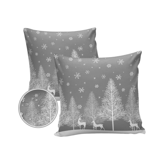 Pack of 2 Outdoor Pillow Covers, Christmas Tree Forest Elk Winter Snowflake Grey Waterproof Square Throw Pillowcase Cushion Decorative Pillow Covers for Couch Patio Tent, 18x18 in