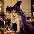 thumbnail image 2 of Women’s Witch Hat for Halloween,18.1 Inch Gothic Ruffled Lace Trim Wide Brim Wizard Cap with Purple Bow Ribbon | Party Masquerade Costumes | Mesh Breathable Fabric, 2 of 6