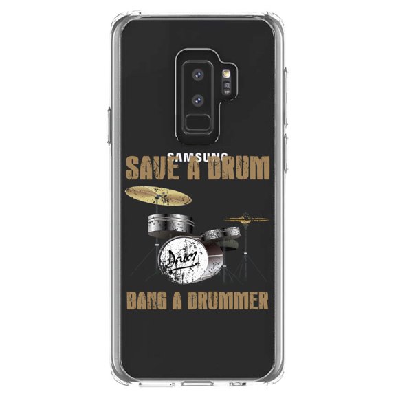 DistinctInk Clear Shockproof Hybrid Case for Samsung Galaxy S9  PLUS (6.2" Screen) - TPU Bumper Acrylic Back Tempered Glass Screen Protector - Save a Drum, Bang a Drummer