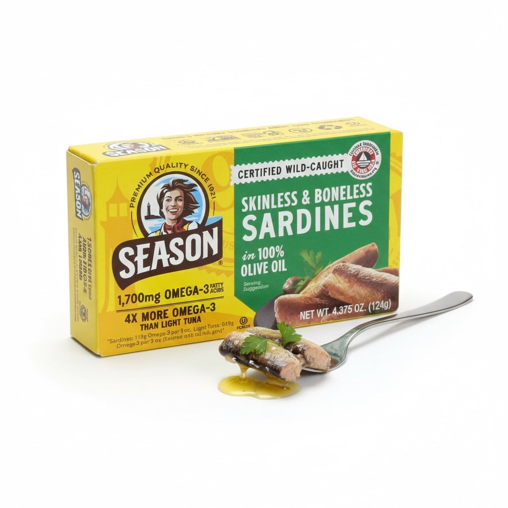 Season Skinless & Boneless Sardines in 100% Olive Oil, Wild-Caught, 6-Pack, 4.375 oz Cans, 26.25 oz Total