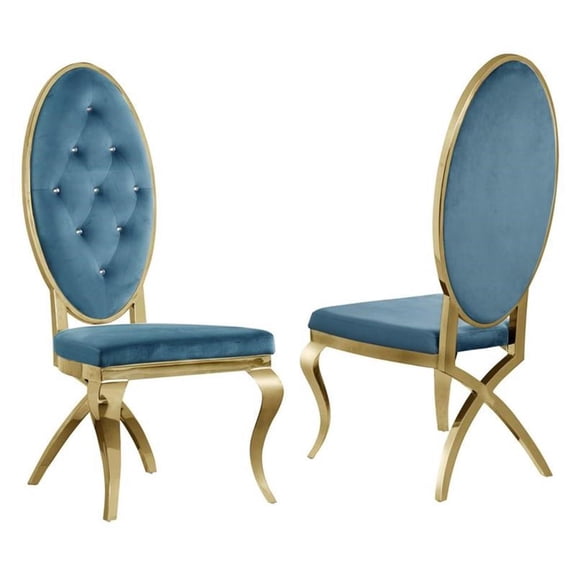 Tufted Velvet Dining Chairs in Teal Blue with Gold Stainless Steel (Set of 2)