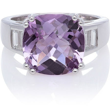 Amethyst Cushion-Cut with White Topaz Baguettes Sterling Silver Ring, Size 7
