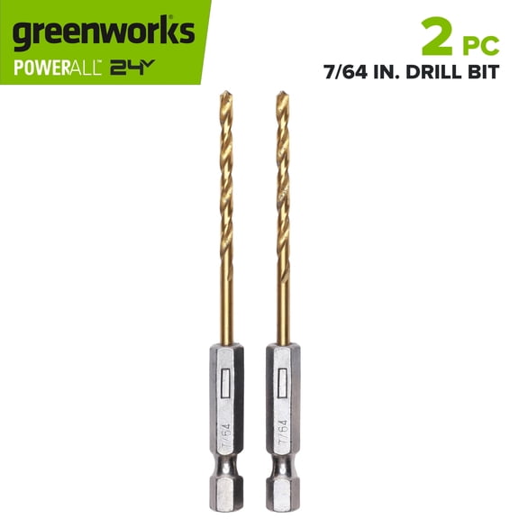 Greenworks 2PC 7/64" Titanium Drill Bit Set for Metal, Wood, PVC or more, Impact-Rated, 135˚ Split Point, PA52224A1