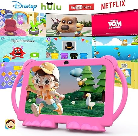 2024 Kids Tablet, 7 inch Android 12 Tablet for Kids, 4GB+32GB ROM+1TB Expand Quad-Core Toddler Tablet with Shockproof Case, BT, WiFi, Parental Control, 2MP+5MP Dual Camera, Games