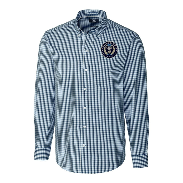 Men's Cutter & Buck Navy Philadelphia Union Big Tall Easy Care Stretch Gingham Long Sleeve Dress Shirt Size: 2XB