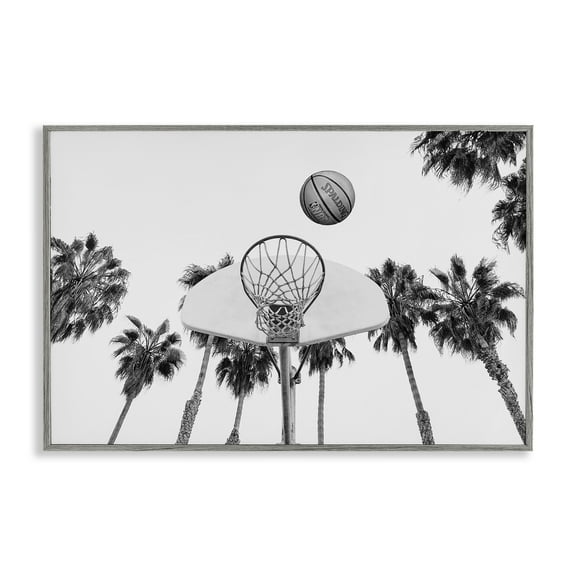 Stupell Industries Basketball Hoop with Palms Sports Painting Gray Framed Art Print Wall Art, 30 x 20