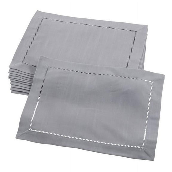 SARO  14 x 20 in. Rectangle Classic Hemstitch Border Placemat  Grey - Set of 12