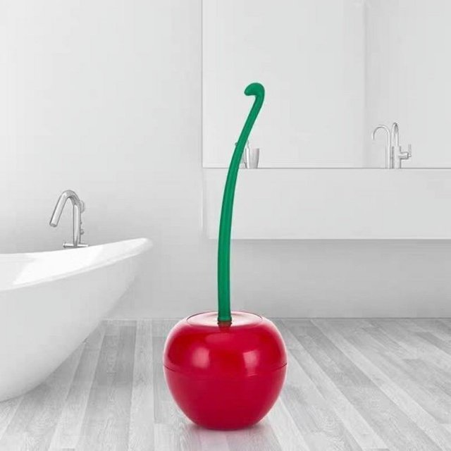 Exquisito y lindo juego de escobillas de baño con cerezas verdes y rojas.