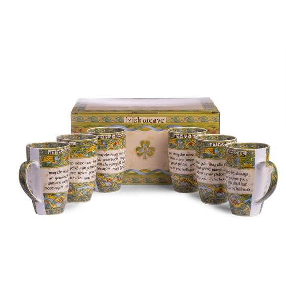 Royal Tara 6 Mug Set with Irish Blessing, Shamrock Design with Box (Irish Blessing Set)