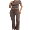 thumbnail image 2 of LYMAYTER Workout Two Piece Set‌ for Women Casual Short Sleeve Tops Fold Over Flare Pants Tracksuits S-XL, 2 of 9