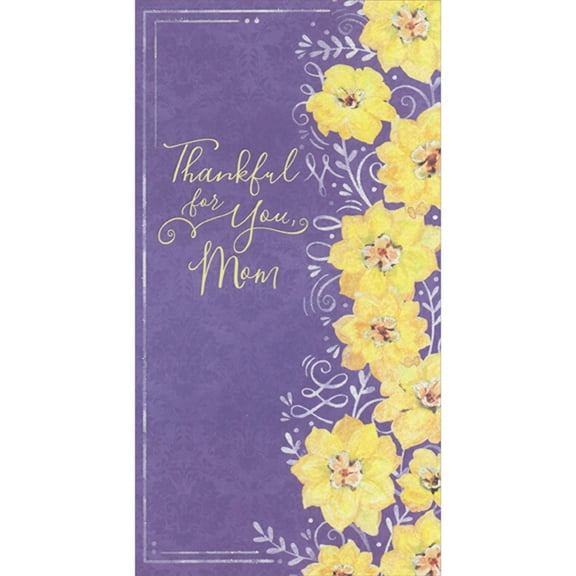 Designer Greetings Thankful for You: Yellow Flowers and Sparkling White Vines on Dark Purple Mother's Day Card for Mom