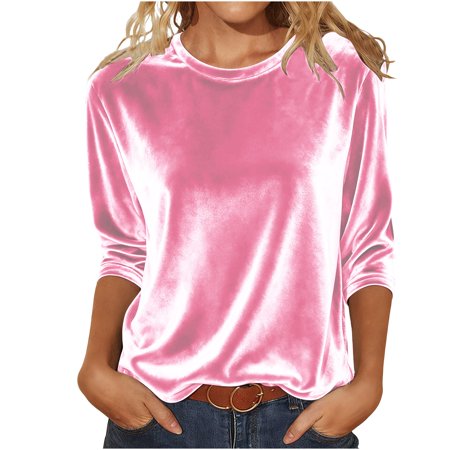 Yuanlong Womens T-Shirts Crew Neck 3/4 Sleeve Velvet Tshirts Early Spring Elegant Loose Soft Clothes Basic Ladies Shirts