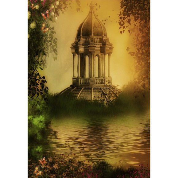 YUSDECOR Backdrop 5x7ft Photography Background Ancient Dome Pavilion Dreamy Forest Trees and Water Butterflies Scene Background Backdrop for Video Photo Studio Props