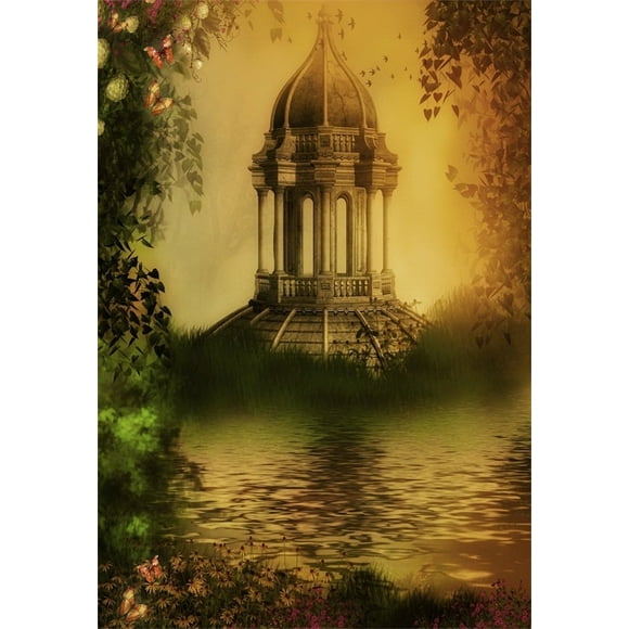YUSDECOR Backdrop 5x7ft Photography Background Ancient Dome Pavilion Dreamy Forest Trees and Water Butterflies Scene Background Backdrop for Video Photo Studio Props