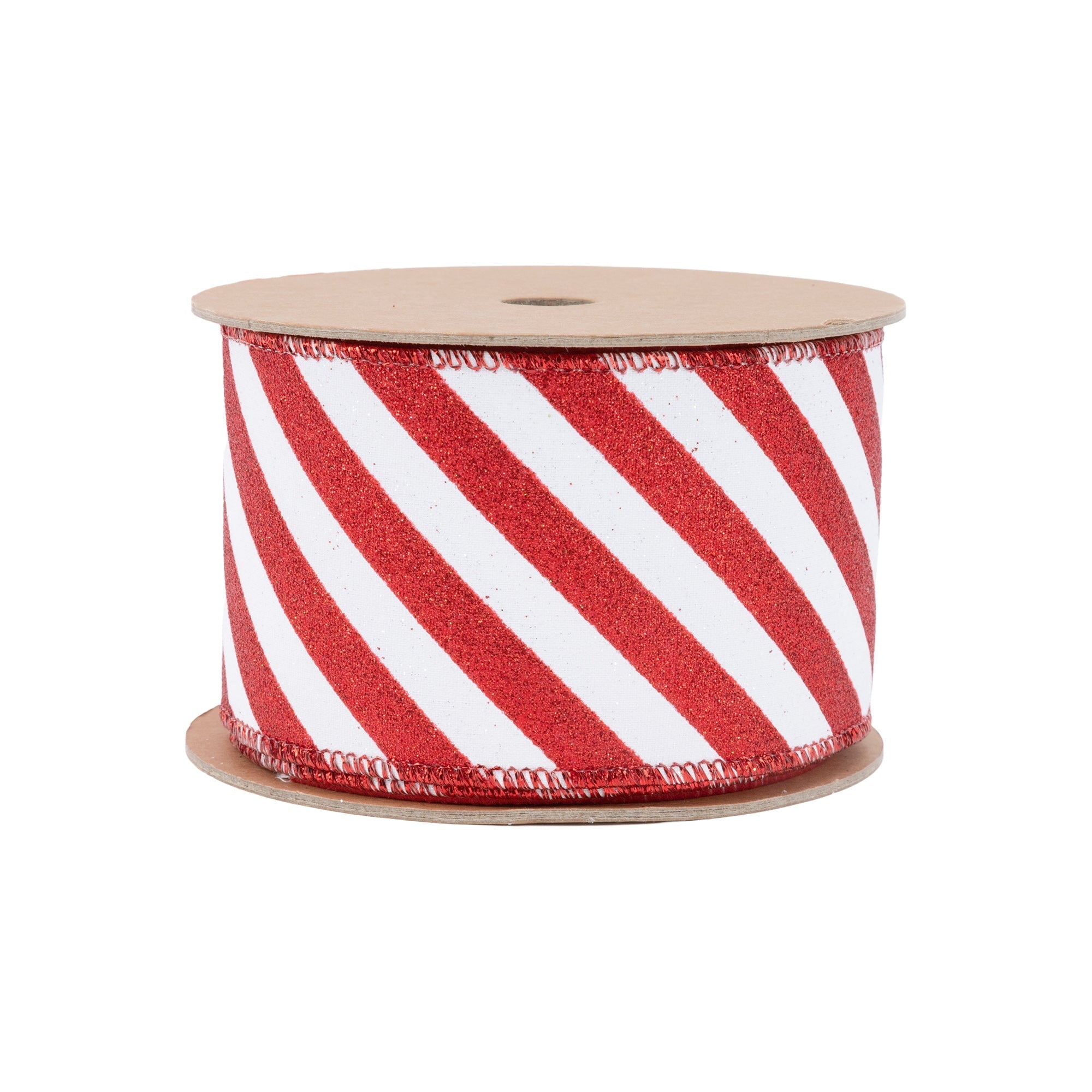 LaRibbons 2 1/2" Wired Ribbon, Red Glittered Diagonal Stripes on White, 10 Yard Roll