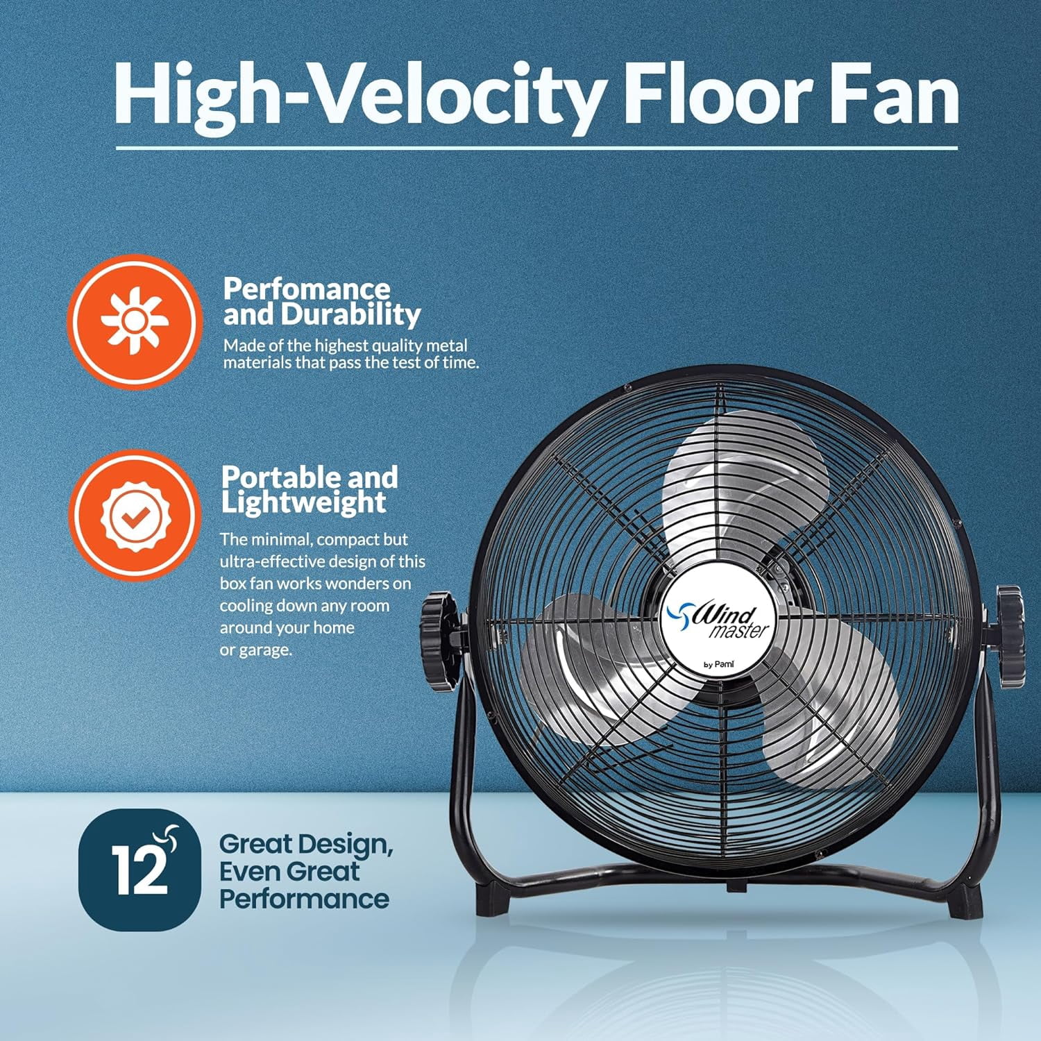 PAMI Floor Fan 12 inch Black – High-Velocity Metal Electric Fan with 3 Speeds & Adjustable Head Fans for Home & Office