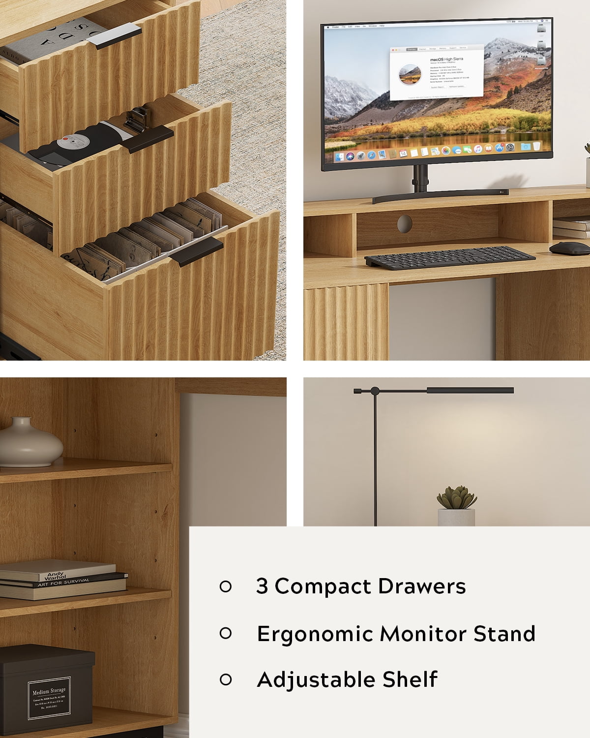 Joyyskill 55'' Fluted Executive Desk with Drawers, Modern Home Office Computer Desk with Charging Station, File Drawer, Monitor Stand, Storage Shelf for Work Writing Study, Natural Oak