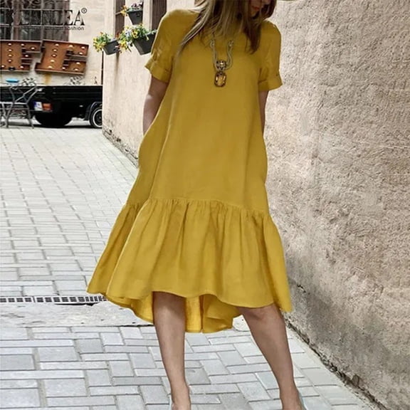 Blmnix Dress Women Beach Dress Vacation Dress Fit & Flare Dresses Crew Neck Short Sleeve Midi Dresses Yellow Dresses for Women Casual,M