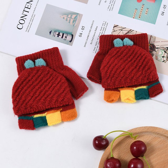 Guantes de punto con vuelta para niños de otoño e invierno, de medio dedo, de doble propósito, para niños y niñas, bonitos y cálidos dedos expuestos, para niños y estudiantes