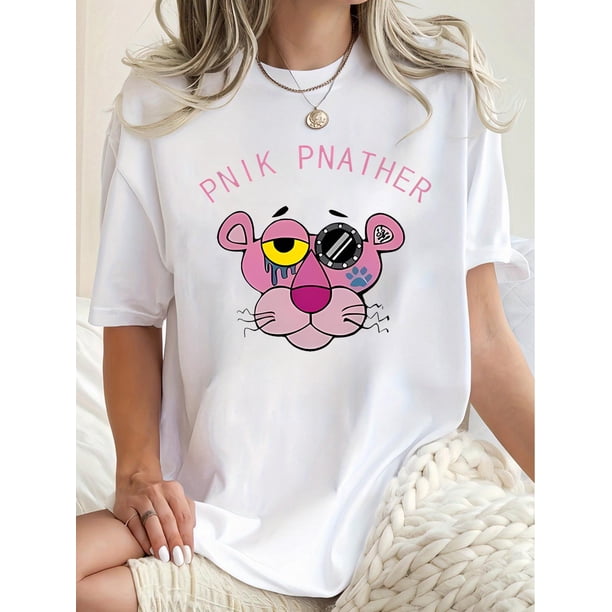 Camiseta de mujer con estampado divertido y elegante de leopardo rosa. Cuello redondo informal, manga corta, algodón elástico, lavable a máquina. Camiseta de verano a la moda para uso diario y de vaca