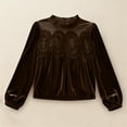 thumbnail image 6 of Womens Dressy Lace Tops Velvet Embroidered Pleated Blouses Crop Babydoll Shirt Long Sleeve Fall Clothes (2XL, Coffee), 6 of 6