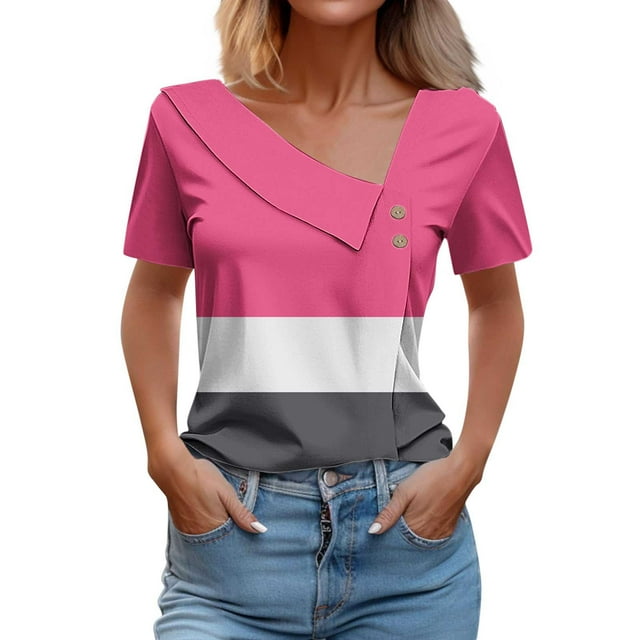 Womens Short Sleeved Shirt With Checkered Printed Button Casual T-shirt Top
