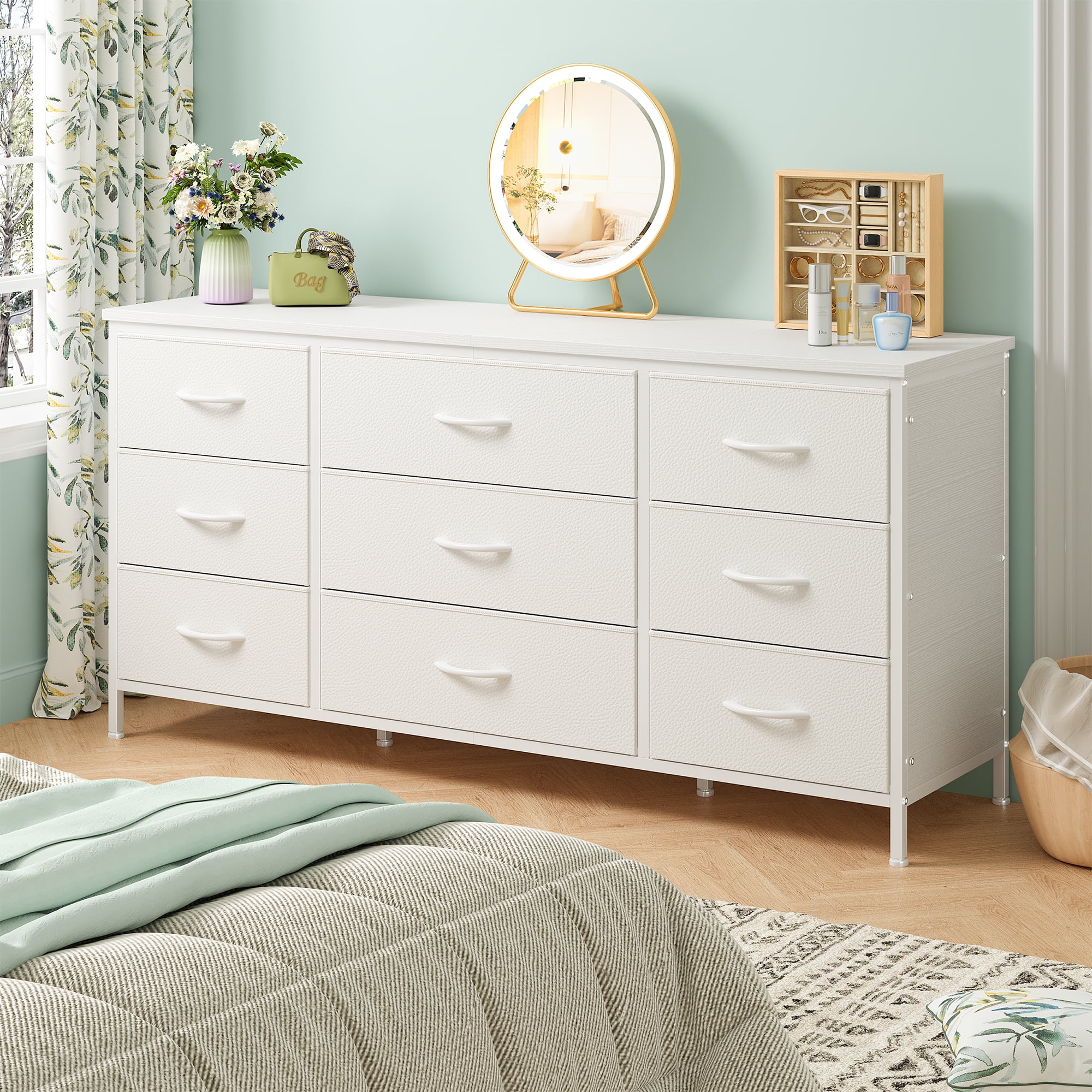 EnHomee White Dresser TV Stand with 9 Drawers Dresser for Bedroom Wide Chests of Drawers for Living Room  (图3)
