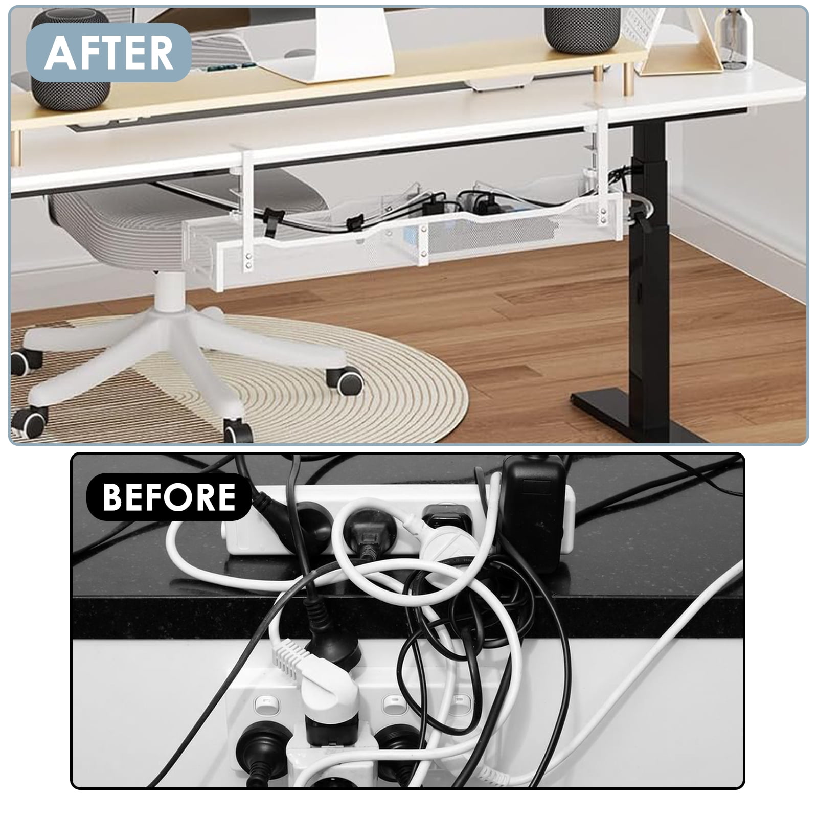 LOVJOYSE Cable Management, 25'' Cable Management Under Desk No Drill, Metal Cord Organizer with Clamp for Standing Desk, Cable Organizer for Home Office, White