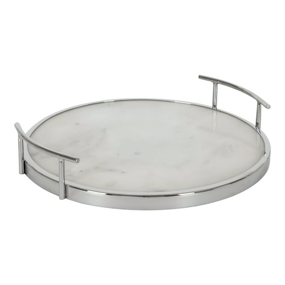 Kate and Laurel Marbury Modern Round Marble Tray, 14 Inch Diameter, Silver, Decorative White Marble Tray for Display and Storage