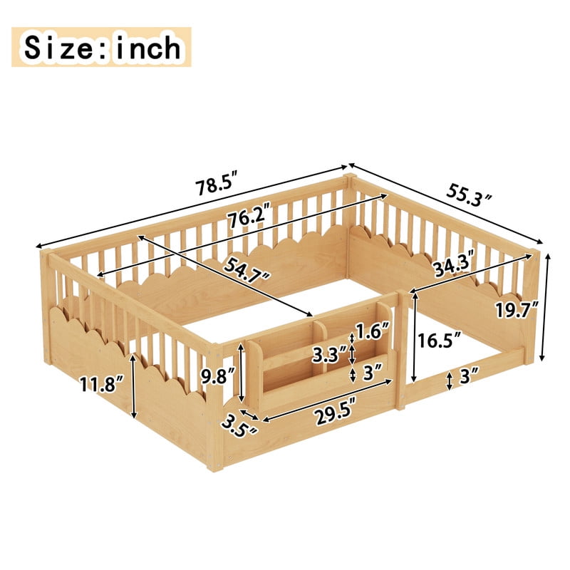 Full Size Floor Bed with Heightened Fence, Kids Platform Bed Frame with No Slat, Montessori Storage Bed with Bookshelf