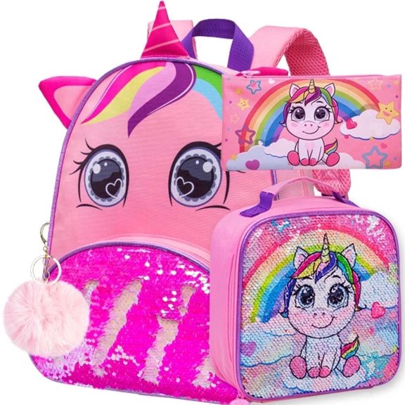 3PCS Toddler Backpack for Girls β 12" Unicorn Sequin Preschool Bookbag with Lunch Box, Lightweight Kindergarten Bag Set for Ages 2-5