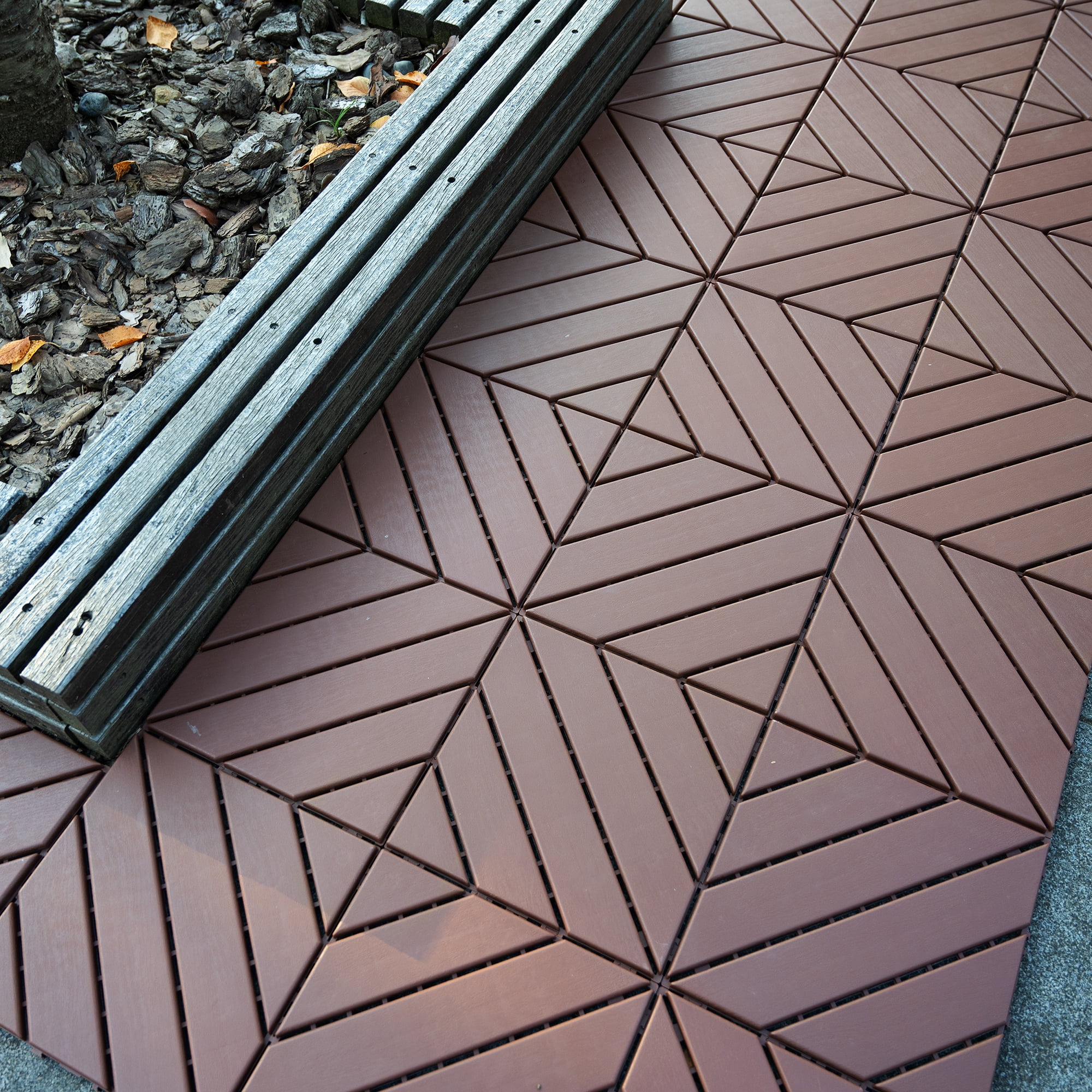 Plastic Interlocking Deck Tiles Set of 44 12x12 Inch, Square Waterproof Outdoor All Weather Tiles for Poolside, Brown