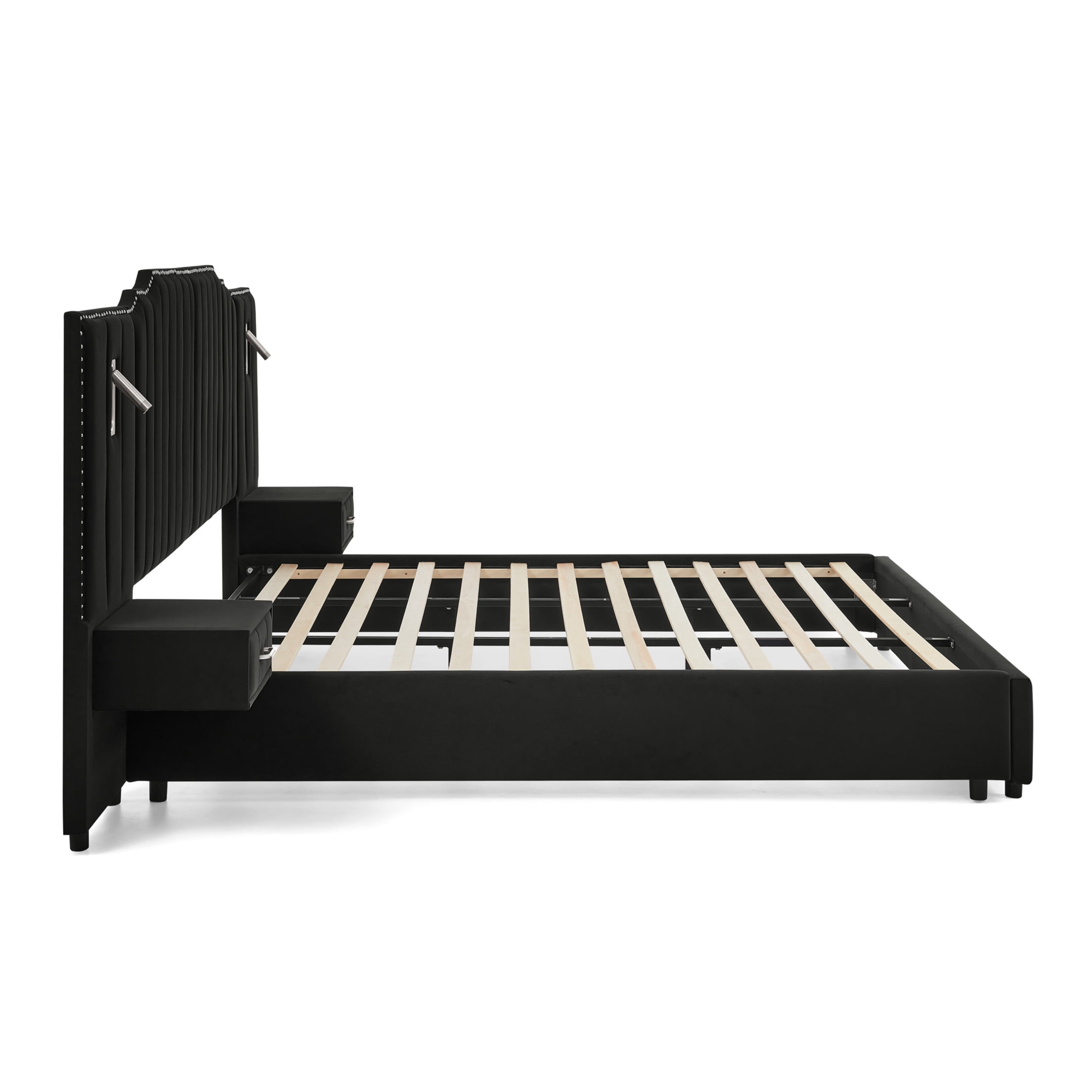 Noble House Neville 118" King Size Upholstered Bed Frame, Velvet Vertical Stripe Platform Bed with Lights, Black