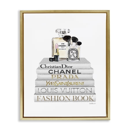 Stupell Industries Bookstack with Makeup Accessories Beauty & Fashion Painting Gold Floater Framed Canvas Art Print Wall Art  17 x 21