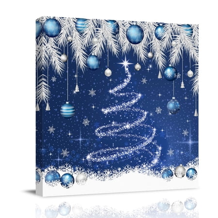 Canvas Wall Art Navy Blue Christmas Tree Framed Canvas Prints for Bedroom Office Snowflake Balls Xmas Pine Needle Large Gallery Wrapped Wall Decor for Home Office Gifts 16 x16 Ship Next Day