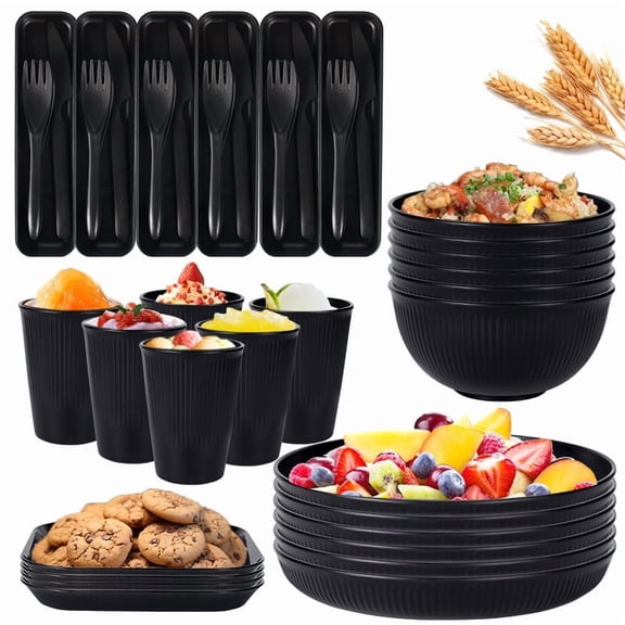 48pcs Wheat Straw Dinnerware Set,Unbreakable Reuasble Plates,Microwave Safe Plates and Bowls Sets,Lightweight Dinnerware for Camping,Picninc,Party-Black Bowls,Plates,Cups,Cutlery
