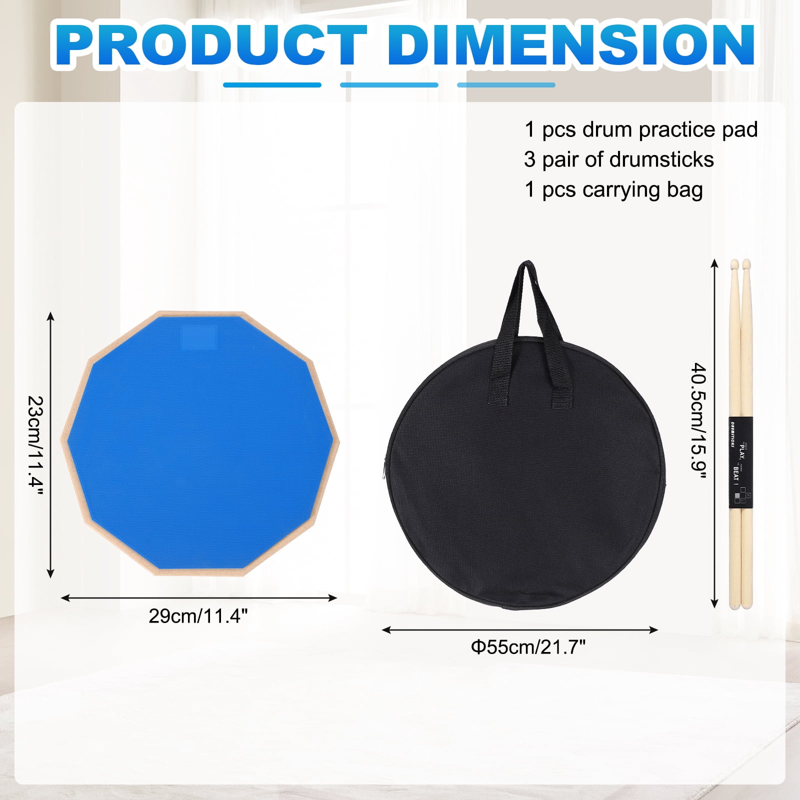Uxcell Practice Drum Pad Set, 12 Inch Double Sided Silent Snare Drum Pad Kit Include 5A Drumsticks Carrying Bag for Drummers, Beginners Quiet Training (Blue)