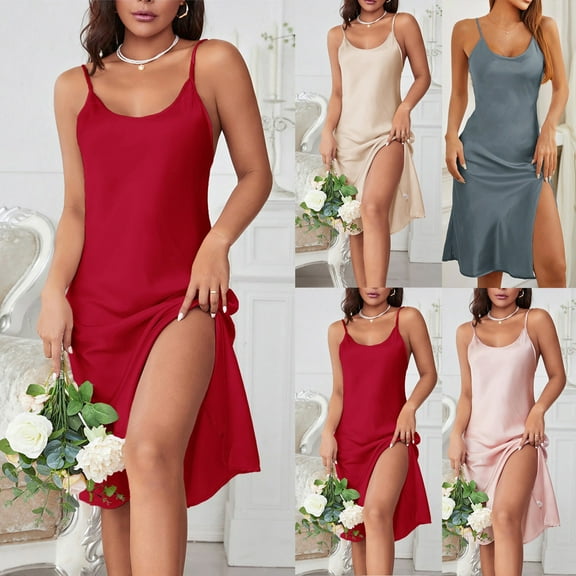 Aboser Womens Silky Satin Chemise Nightgowns Sexy High Split Sleepdress Spaghetti Strap Lingerie Dress Cozy Soft Sleeveless Sleepwear Nightshirt