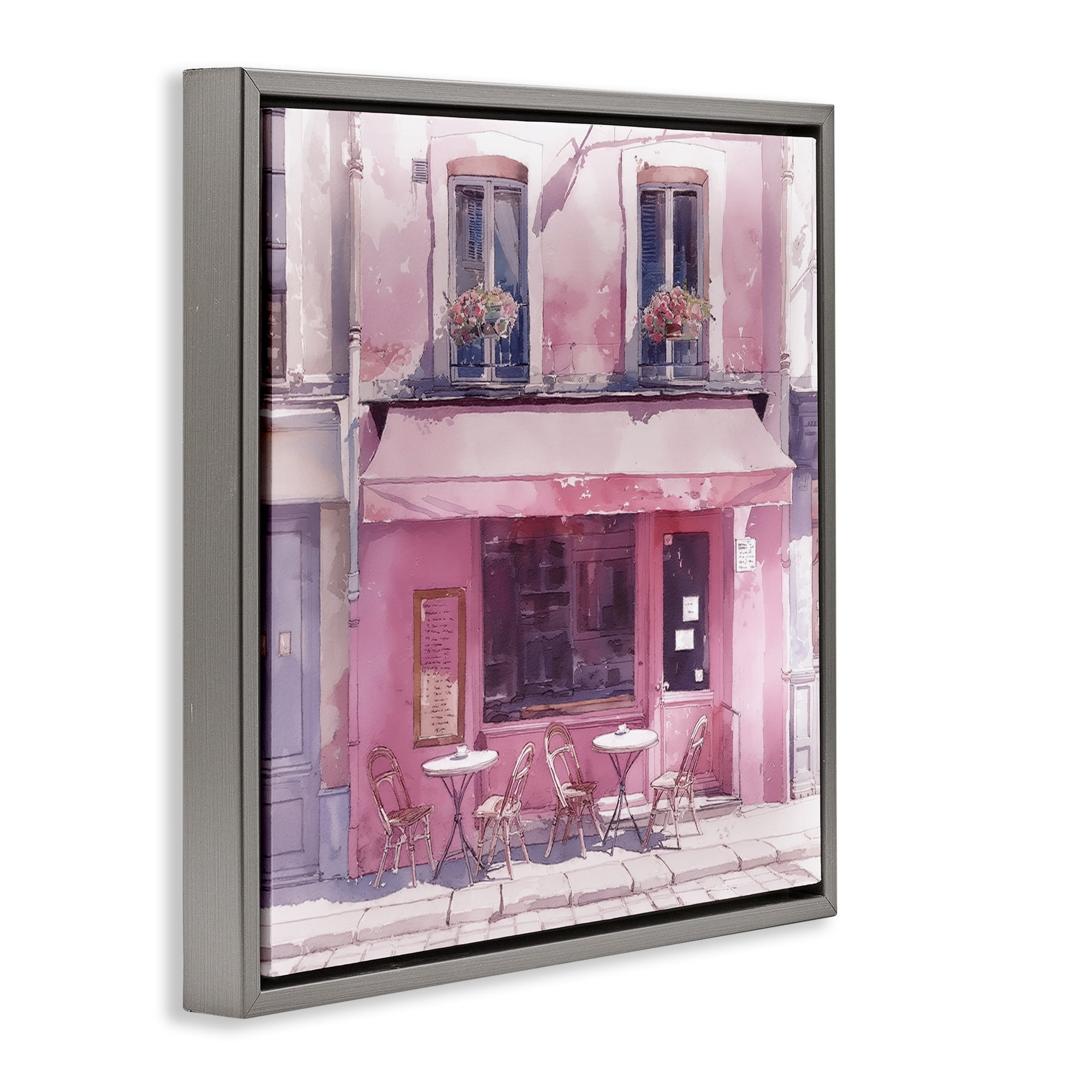 Stupell Industries Pinkish Delight Café Buildings & Architecture Painting Gray Floater Framed Canvas Art Print Wall Art, 25 x 25