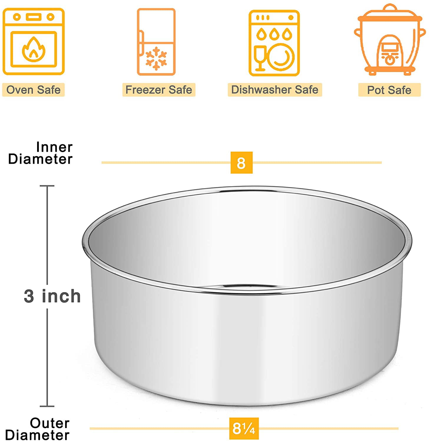 3 Pcs Deep Cake Pan Set ( 8'' x 3''), P&P CHEF 8 Inch Stainless Steel Round  Baking Pans, for Birthday Wedding Christmas, Healthy & Durable, Deep Side