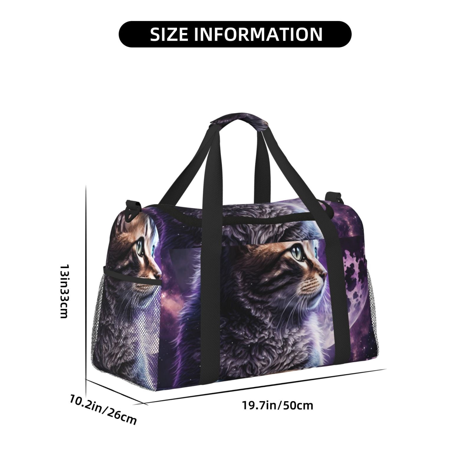 Fuzoiu Purple Moon Cat Print Travel Duffle Bag,Carry On Tote Bags,Duffel Bag,Sport Gym Bag, Hospital Bag for Labor and Delivery, Overnight Bag,Luggage Bag