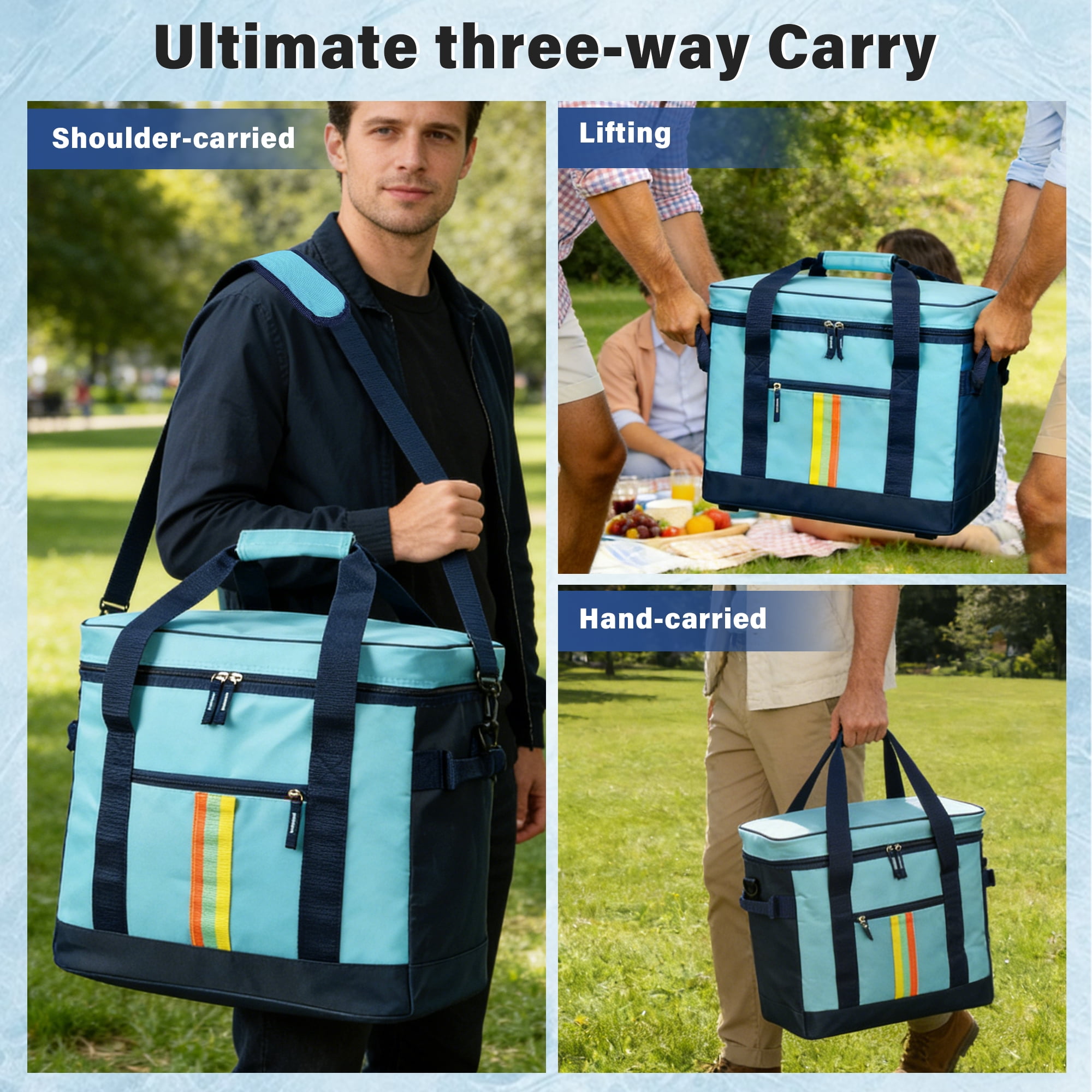 Tirrinia Large Capacity Soft Cooler Bag, Collapsible Cooler Insulated Leak Proof, Large Lunch Box for Men Women, Soft-Sided Cooler for Picnic, Grocery, Beach, Camping, Travel, 35L, Blue