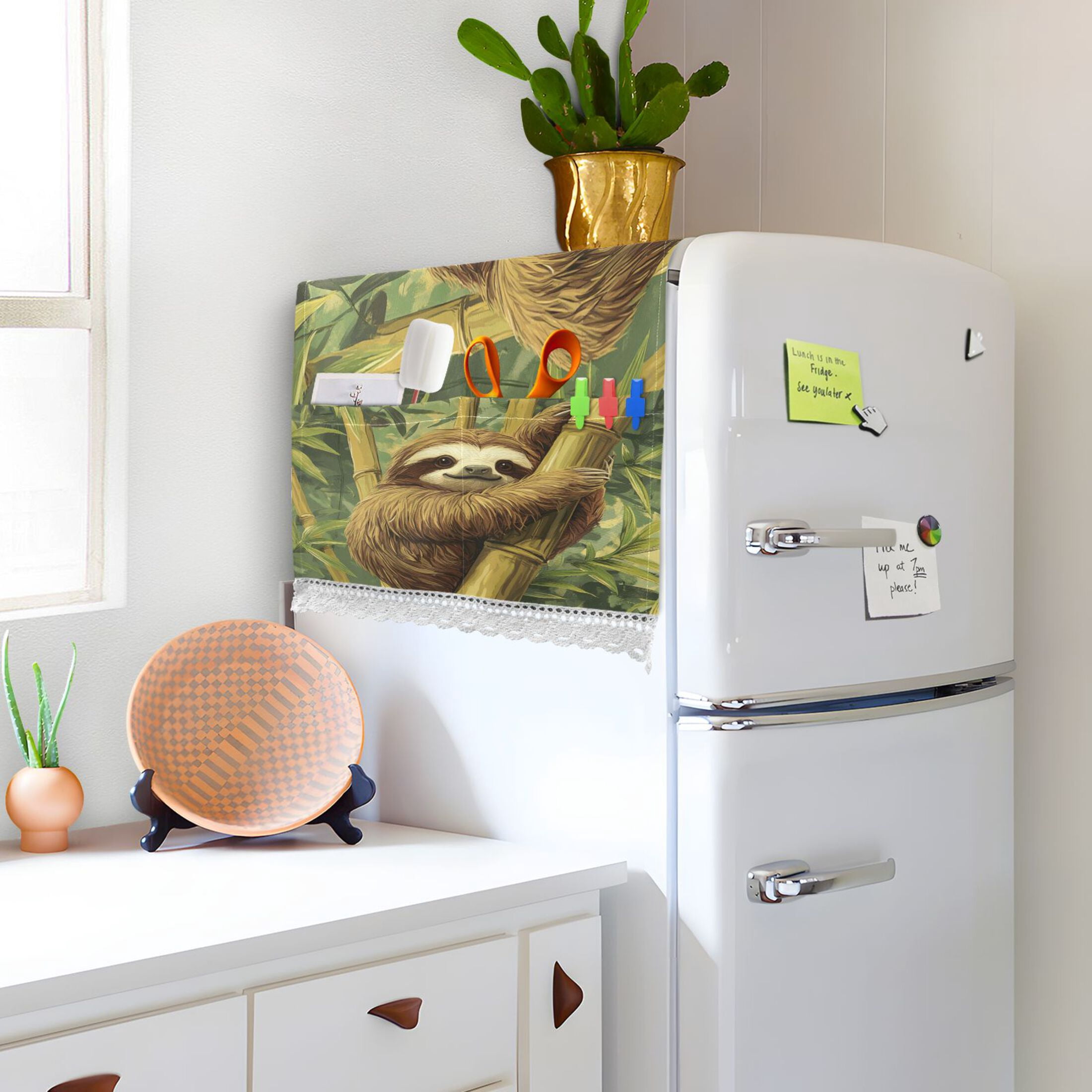Lazy SlothWasher and Dryer Covers Dust-Proof and Oil Resistant Fridge Cover with 4 Storage Pockets Washing Machine Top Cover for Laundry Kitchen Home 51.2 x 22 In