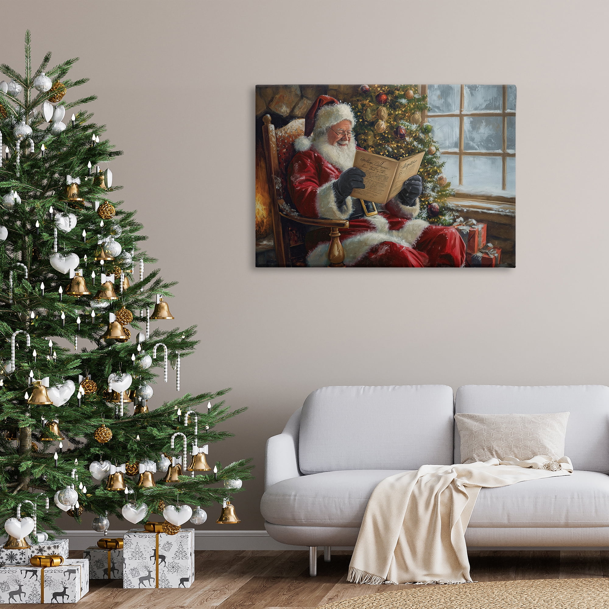 Stupell Industries Cheerful Santa Reading Holiday Painting Gallery Wrapped Canvas Art Prints Wall Art, 45 x 30