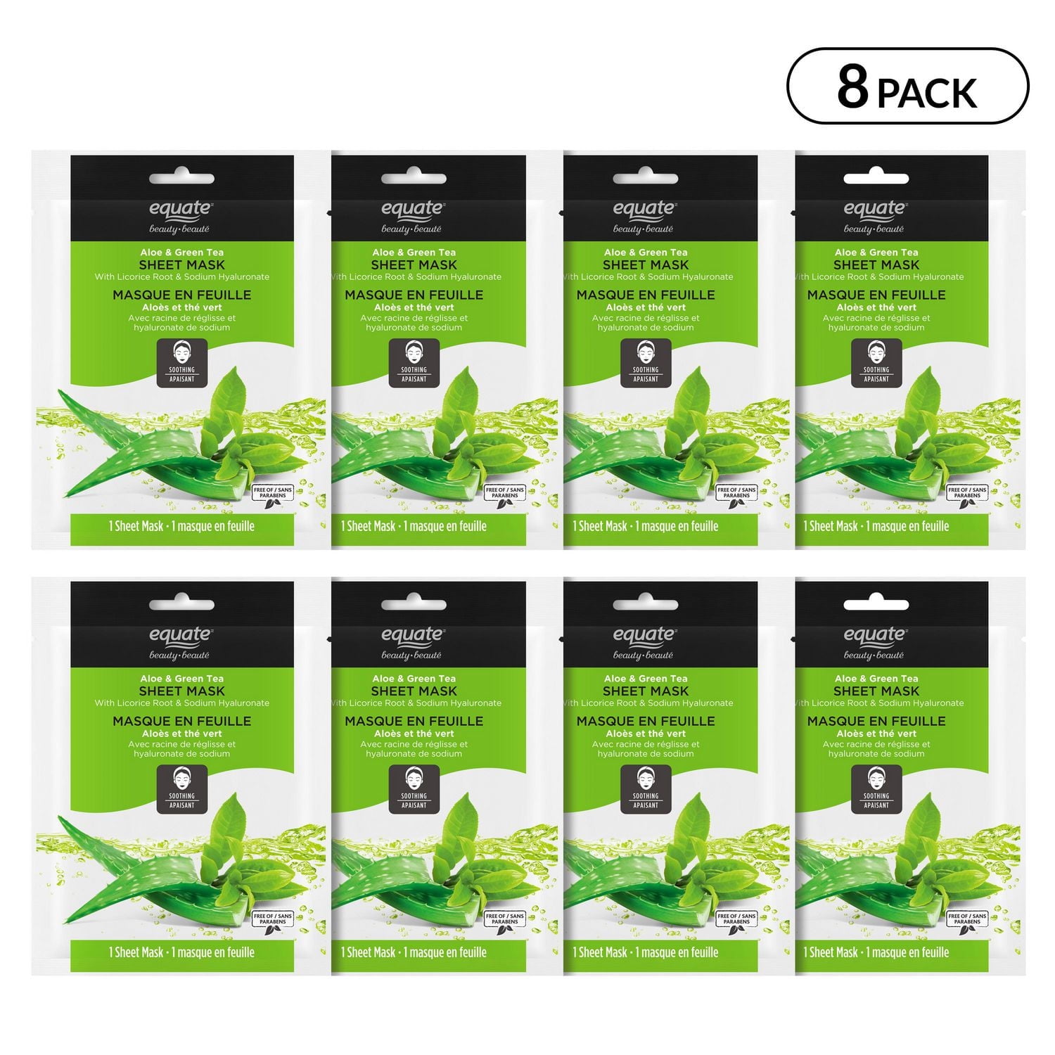 Equate Beauty Aloe & Green Tea Sheet Mask 8PK