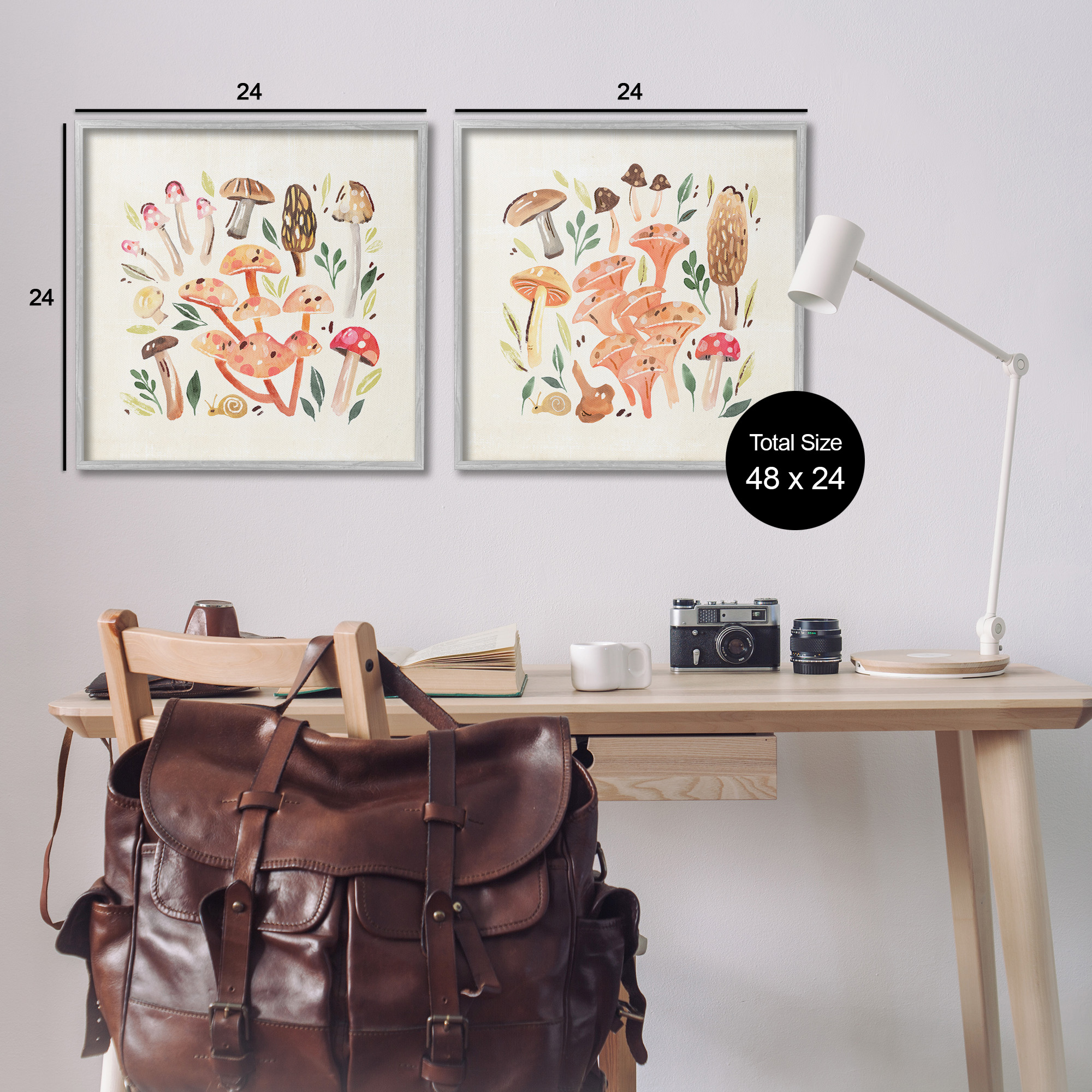 Stupell Industries Mushroom & Leaves Pattern Botanical & Floral Painting Gray Framed Art Print Wall Art, 24 x 24, Set of 2