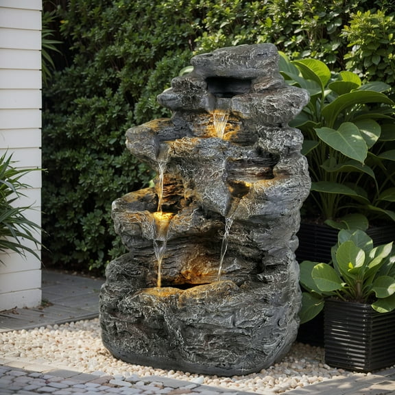 Christopher Knight Home 23.85" Concrete Stone-like Fountain with LED Light, 5-Tiered Flow, Space-Saving, Gray